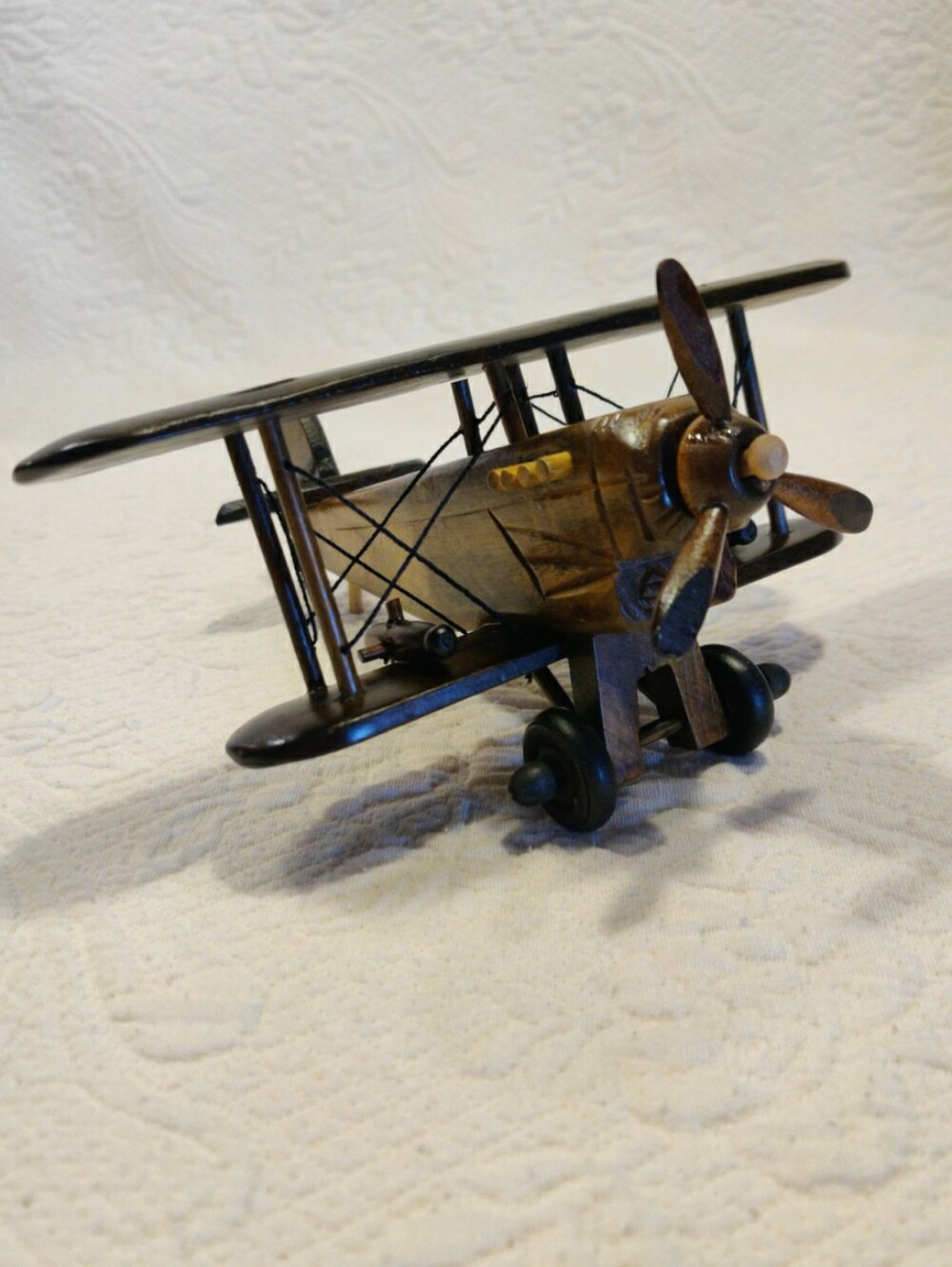 WWI Handcafted Wooden Biplane Aircraft Movable Propeller And Wheels Retro Decor